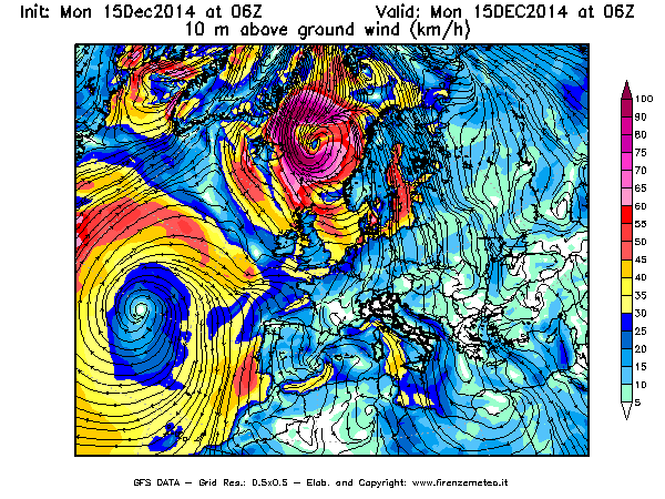 Mappa di analisi GFS - Velocità del vento a 10 metri dal suolo [km/h] in Europa
							del 15/12/2014 06 <!--googleoff: index-->UTC<!--googleon: index-->