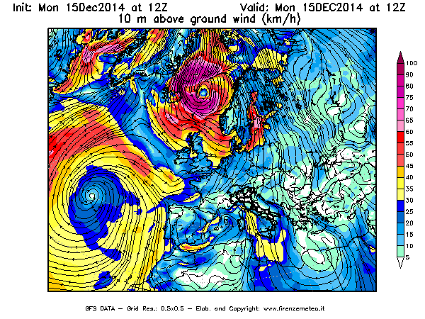 Mappa di analisi GFS - Velocità del vento a 10 metri dal suolo [km/h] in Europa
									del 15/12/2014 12 <!--googleoff: index-->UTC<!--googleon: index-->