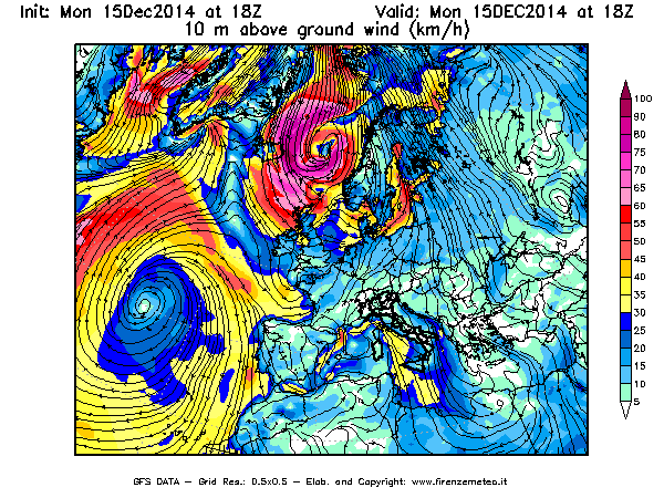 Mappa di analisi GFS - Velocità del vento a 10 metri dal suolo [km/h] in Europa
							del 15/12/2014 18 <!--googleoff: index-->UTC<!--googleon: index-->