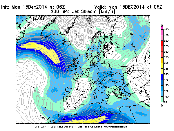 Mappa di analisi GFS - Jet Stream a 200 hPa in Europa
							del 15/12/2014 06 <!--googleoff: index-->UTC<!--googleon: index-->