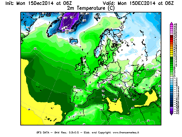 Mappa di analisi GFS - Temperatura a 2 metri dal suolo [°C] in Europa
									del 15/12/2014 06 <!--googleoff: index-->UTC<!--googleon: index-->