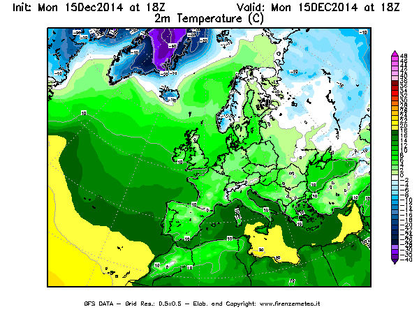 Mappa di analisi GFS - Temperatura a 2 metri dal suolo [°C] in Europa
									del 15/12/2014 18 <!--googleoff: index-->UTC<!--googleon: index-->