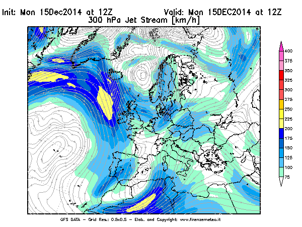 Mappa di analisi GFS - Jet Stream a 300 hPa in Europa
									del 15/12/2014 12 <!--googleoff: index-->UTC<!--googleon: index-->
