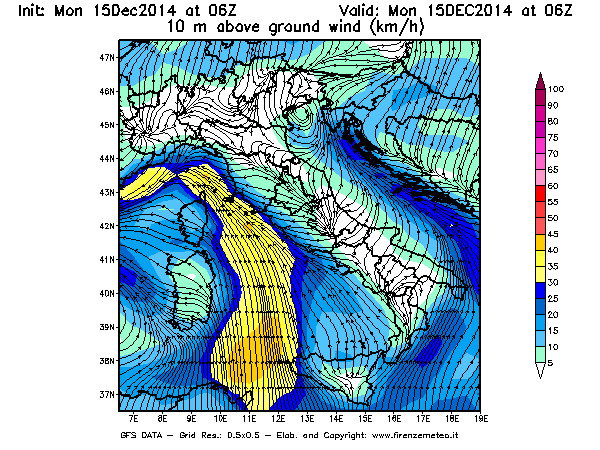 Mappa di analisi GFS - Velocità del vento a 10 metri dal suolo [km/h] in Italia
									del 15/12/2014 06 <!--googleoff: index-->UTC<!--googleon: index-->