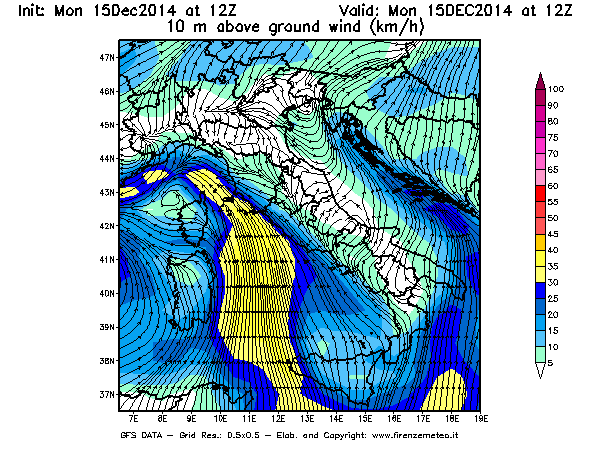Mappa di analisi GFS - Velocità del vento a 10 metri dal suolo [km/h] in Italia
									del 15/12/2014 12 <!--googleoff: index-->UTC<!--googleon: index-->