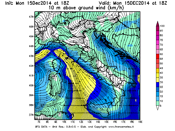 Mappa di analisi GFS - Velocità del vento a 10 metri dal suolo [km/h] in Italia
							del 15/12/2014 18 <!--googleoff: index-->UTC<!--googleon: index-->