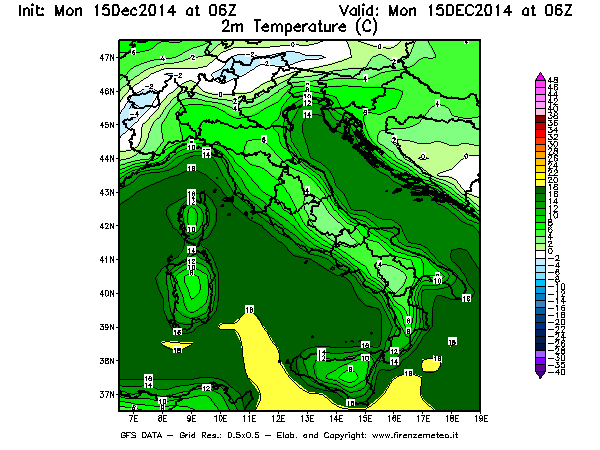 Mappa di analisi GFS - Temperatura a 2 metri dal suolo [°C] in Italia
									del 15/12/2014 06 <!--googleoff: index-->UTC<!--googleon: index-->