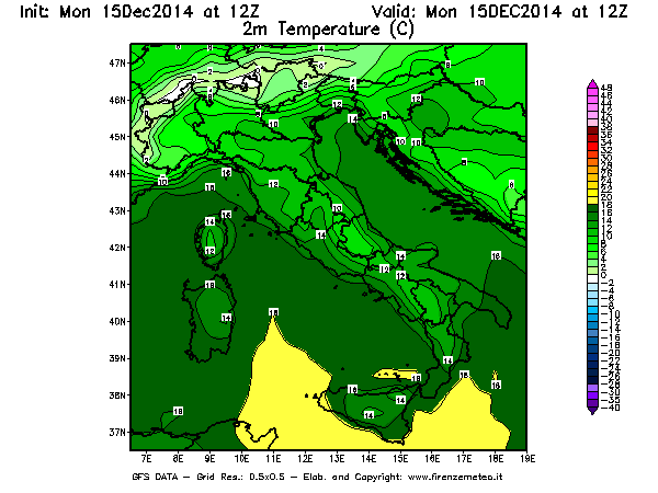 Mappa di analisi GFS - Temperatura a 2 metri dal suolo [°C] in Italia
									del 15/12/2014 12 <!--googleoff: index-->UTC<!--googleon: index-->