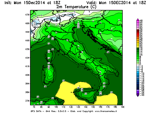 Mappa di analisi GFS - Temperatura a 2 metri dal suolo [°C] in Italia
							del 15/12/2014 18 <!--googleoff: index-->UTC<!--googleon: index-->