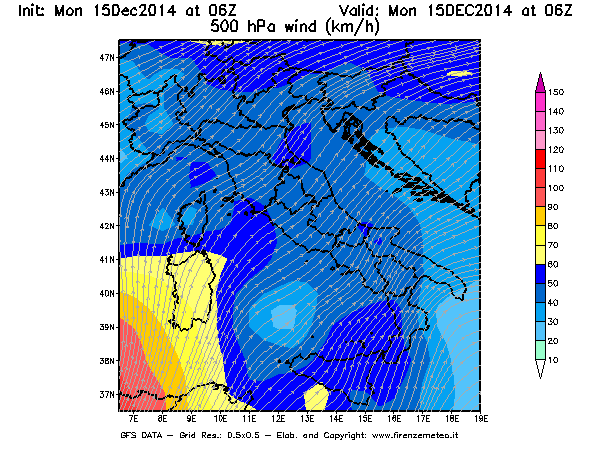 Mappa di analisi GFS - Velocità del vento a 500 hPa [km/h] in Italia
									del 15/12/2014 06 <!--googleoff: index-->UTC<!--googleon: index-->