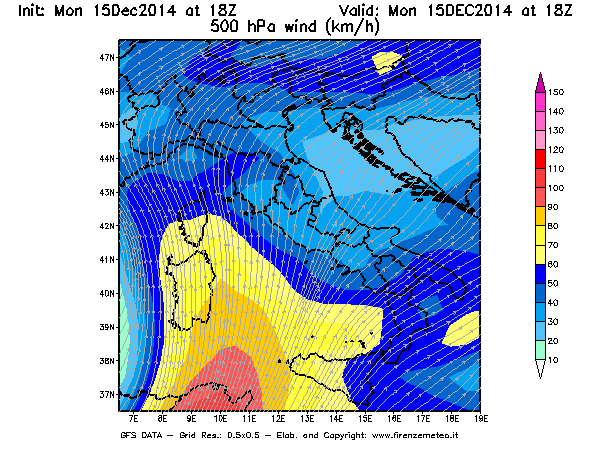 Mappa di analisi GFS - Velocità del vento a 500 hPa [km/h] in Italia
									del 15/12/2014 18 <!--googleoff: index-->UTC<!--googleon: index-->