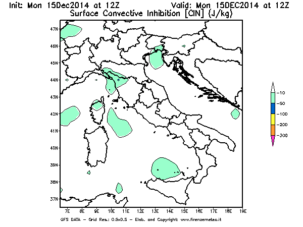 Mappa di analisi GFS - CIN [J/kg] in Italia
									del 15/12/2014 12 <!--googleoff: index-->UTC<!--googleon: index-->