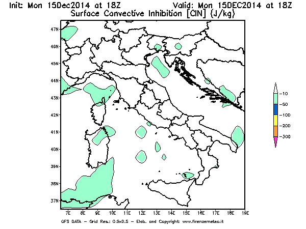Mappa di analisi GFS - CIN [J/kg] in Italia
									del 15/12/2014 18 <!--googleoff: index-->UTC<!--googleon: index-->