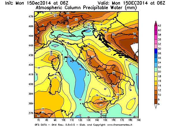Mappa di analisi GFS - Precipitable Water [mm] in Italia
							del 15/12/2014 06 <!--googleoff: index-->UTC<!--googleon: index-->