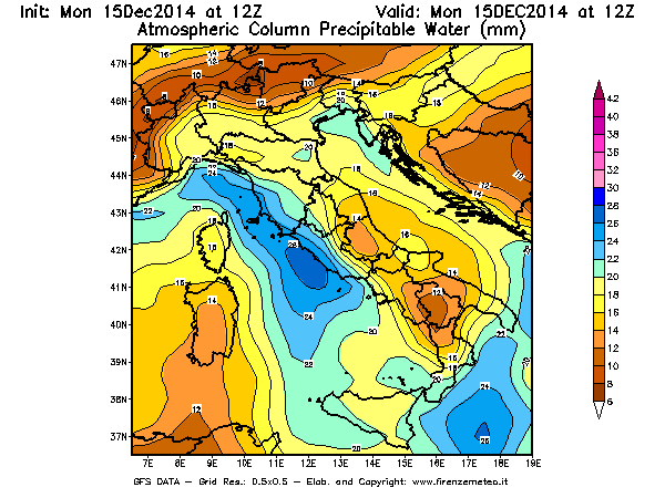 Mappa di analisi GFS - Precipitable Water [mm] in Italia
									del 15/12/2014 12 <!--googleoff: index-->UTC<!--googleon: index-->