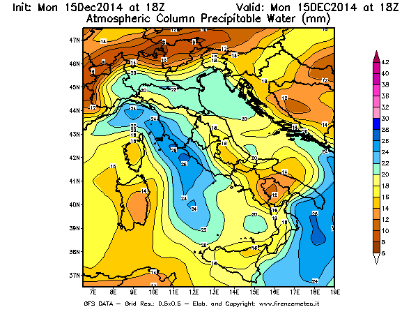 Mappa di analisi GFS - Precipitable Water [mm] in Italia
									del 15/12/2014 18 <!--googleoff: index-->UTC<!--googleon: index-->