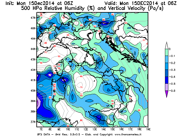 Mappa di analisi GFS - Umidità relativa [%] e Omega [Pa/s] a 500 hPa in Italia
									del 15/12/2014 06 <!--googleoff: index-->UTC<!--googleon: index-->