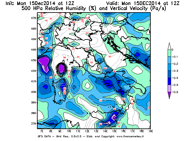 Mappa di analisi GFS - Umidità relativa [%] e Omega [Pa/s] a 500 hPa in Italia
									del 15/12/2014 12 <!--googleoff: index-->UTC<!--googleon: index-->