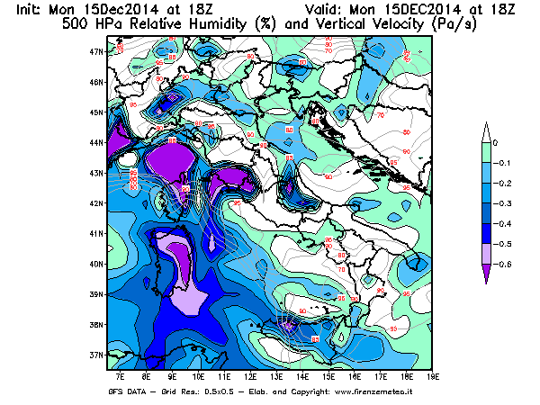 Mappa di analisi GFS - Umidità relativa [%] e Omega [Pa/s] a 500 hPa in Italia
									del 15/12/2014 18 <!--googleoff: index-->UTC<!--googleon: index-->