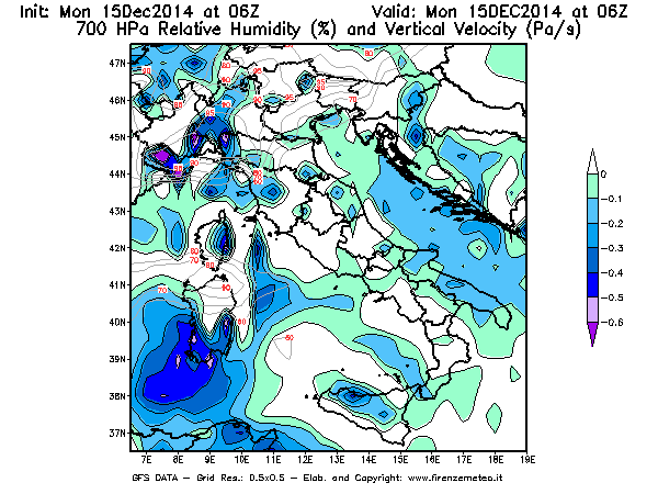 Mappa di analisi GFS - Umidità relativa [%] e Omega [Pa/s] a 700 hPa in Italia
							del 15/12/2014 06 <!--googleoff: index-->UTC<!--googleon: index-->