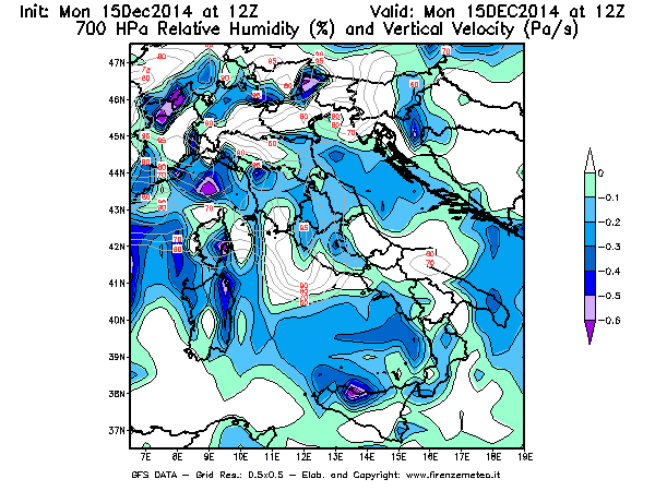 Mappa di analisi GFS - Umidità relativa [%] e Omega [Pa/s] a 700 hPa in Italia
									del 15/12/2014 12 <!--googleoff: index-->UTC<!--googleon: index-->