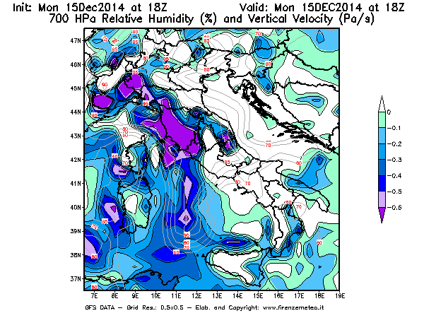 Mappa di analisi GFS - Umidità relativa [%] e Omega [Pa/s] a 700 hPa in Italia
							del 15/12/2014 18 <!--googleoff: index-->UTC<!--googleon: index-->