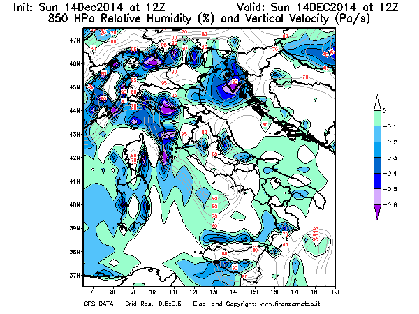 Mappa di analisi GFS - Umidità relativa [%] e Omega [Pa/s] a 850 hPa in Italia
							del 15/12/2014 06 <!--googleoff: index-->UTC<!--googleon: index-->