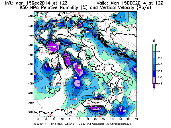 Mappa di analisi GFS - Umidità relativa [%] e Omega [Pa/s] a 850 hPa in Italia
							del 15/12/2014 12 <!--googleoff: index-->UTC<!--googleon: index-->