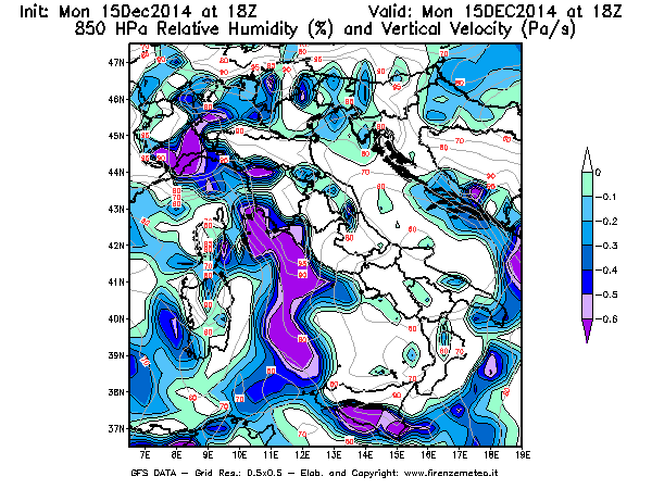 Mappa di analisi GFS - Umidità relativa [%] e Omega [Pa/s] a 850 hPa in Italia
									del 15/12/2014 18 <!--googleoff: index-->UTC<!--googleon: index-->
