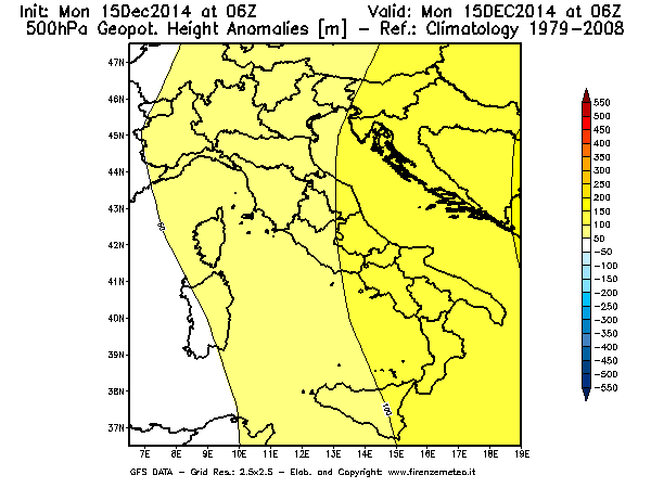 Mappa di analisi GFS - Anomalia di Geopotenziale a 500 hPa in Italia
									del 15/12/2014 06 <!--googleoff: index-->UTC<!--googleon: index-->