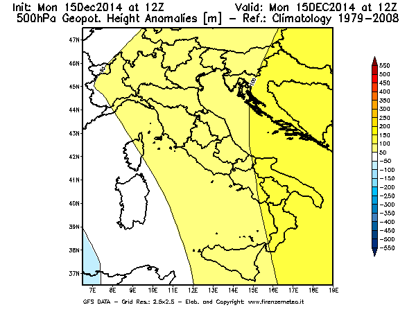Mappa di analisi GFS - Anomalia di Geopotenziale a 500 hPa in Italia
							del 15/12/2014 12 <!--googleoff: index-->UTC<!--googleon: index-->