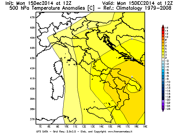 Mappa di analisi GFS - Anomalia Temperatura [°C] a 500 hPa in Italia
							del 15/12/2014 12 <!--googleoff: index-->UTC<!--googleon: index-->