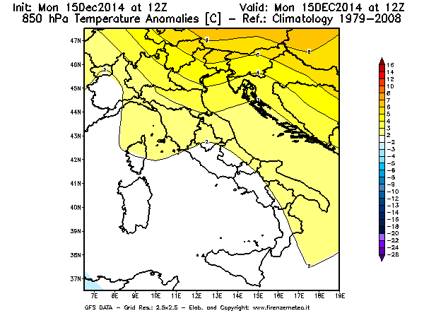 Mappa di analisi GFS - Anomalia Temperatura [°C] a 850 hPa in Italia
									del 15/12/2014 12 <!--googleoff: index-->UTC<!--googleon: index-->