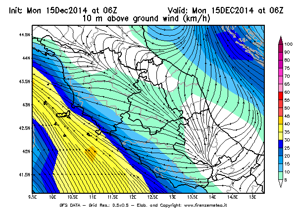 Mappa di analisi GFS - Velocità del vento a 10 metri dal suolo [km/h] in Centro-Italia
							del 15/12/2014 06 <!--googleoff: index-->UTC<!--googleon: index-->