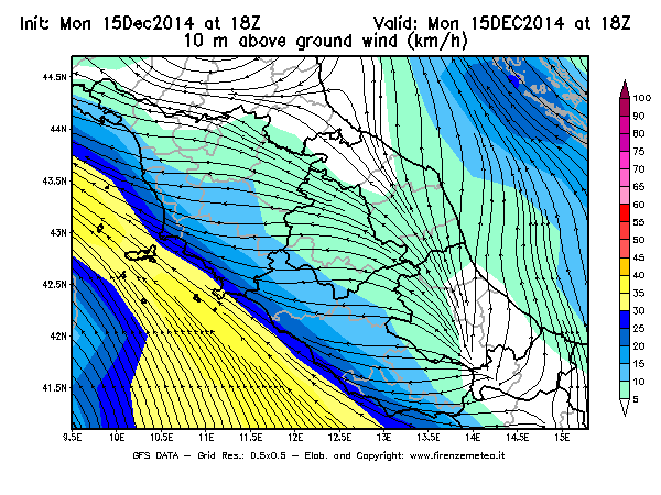 Mappa di analisi GFS - Velocità del vento a 10 metri dal suolo [km/h] in Centro-Italia
									del 15/12/2014 18 <!--googleoff: index-->UTC<!--googleon: index-->