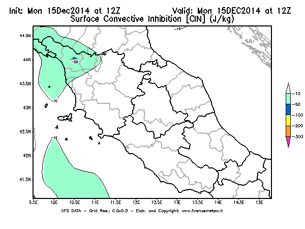 Mappa di analisi GFS - CIN [J/kg] in Centro-Italia
									del 15/12/2014 12 <!--googleoff: index-->UTC<!--googleon: index-->
