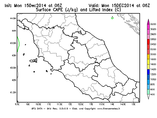 Mappa di analisi GFS - CAPE [J/kg] e Lifted Index [°C] in Centro-Italia
									del 15/12/2014 06 <!--googleoff: index-->UTC<!--googleon: index-->