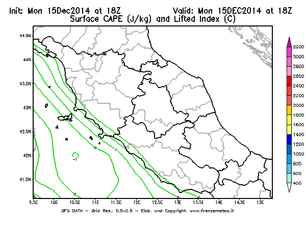 Mappa di analisi GFS - CAPE [J/kg] e Lifted Index [°C] in Centro-Italia
									del 15/12/2014 18 <!--googleoff: index-->UTC<!--googleon: index-->