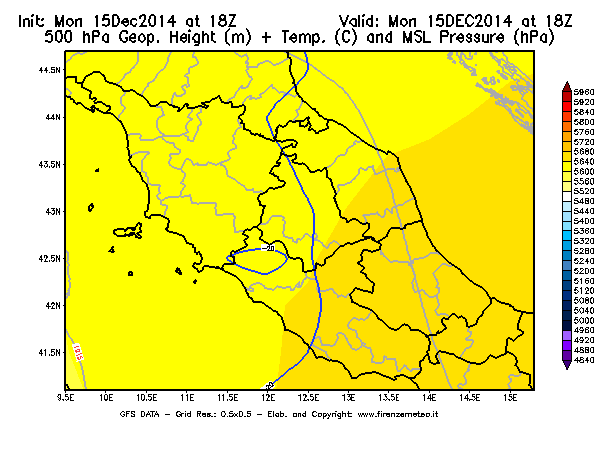 Mappa di analisi GFS - Geopotenziale [m] + Temp. [°C] a 500 hPa + Press. a livello del mare [hPa] in Centro-Italia
									del 15/12/2014 18 <!--googleoff: index-->UTC<!--googleon: index-->