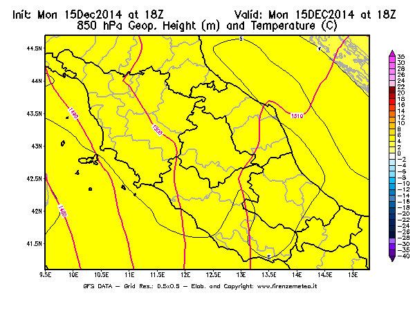 Mappa di analisi GFS - Geopotenziale [m] e Temperatura [°C] a 850 hPa in Centro-Italia
									del 15/12/2014 18 <!--googleoff: index-->UTC<!--googleon: index-->