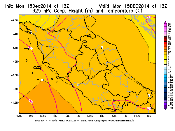 Mappa di analisi GFS - Geopotenziale [m] e Temperatura [°C] a 925 hPa in Centro-Italia
									del 15/12/2014 12 <!--googleoff: index-->UTC<!--googleon: index-->