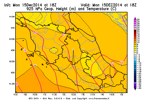Mappa di analisi GFS - Geopotenziale [m] e Temperatura [°C] a 925 hPa in Centro-Italia
							del 15/12/2014 18 <!--googleoff: index-->UTC<!--googleon: index-->