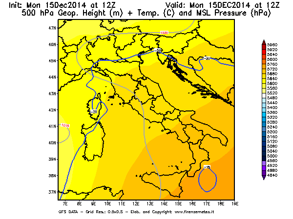 Mappa di analisi GFS - Geopotenziale [m] + Temp. [°C] a 500 hPa + Press. a livello del mare [hPa] in Italia
									del 15/12/2014 12 <!--googleoff: index-->UTC<!--googleon: index-->