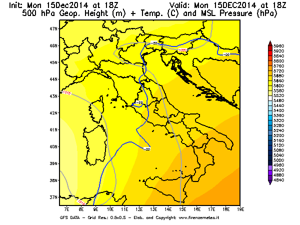 Mappa di analisi GFS - Geopotenziale [m] + Temp. [°C] a 500 hPa + Press. a livello del mare [hPa] in Italia
									del 15/12/2014 18 <!--googleoff: index-->UTC<!--googleon: index-->