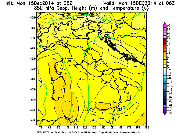 Mappa di analisi GFS - Geopotenziale [m] e Temperatura [°C] a 850 hPa in Italia
							del 15/12/2014 06 <!--googleoff: index-->UTC<!--googleon: index-->