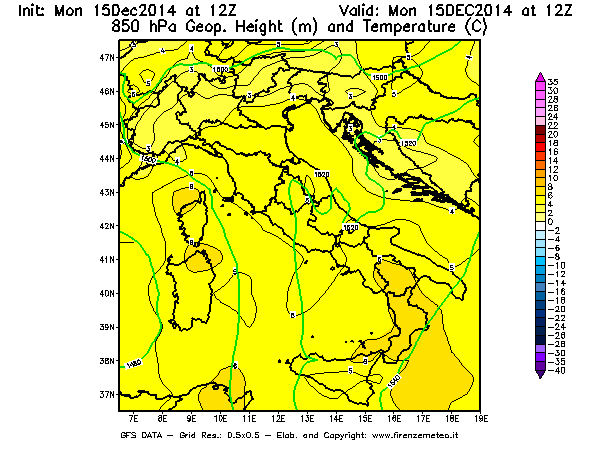 Mappa di analisi GFS - Geopotenziale [m] e Temperatura [°C] a 850 hPa in Italia
							del 15/12/2014 12 <!--googleoff: index-->UTC<!--googleon: index-->