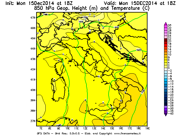 Mappa di analisi GFS - Geopotenziale [m] e Temperatura [°C] a 850 hPa in Italia
									del 15/12/2014 18 <!--googleoff: index-->UTC<!--googleon: index-->