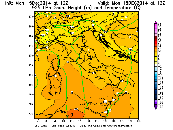 Mappa di analisi GFS - Geopotenziale [m] e Temperatura [°C] a 925 hPa in Italia
							del 15/12/2014 12 <!--googleoff: index-->UTC<!--googleon: index-->