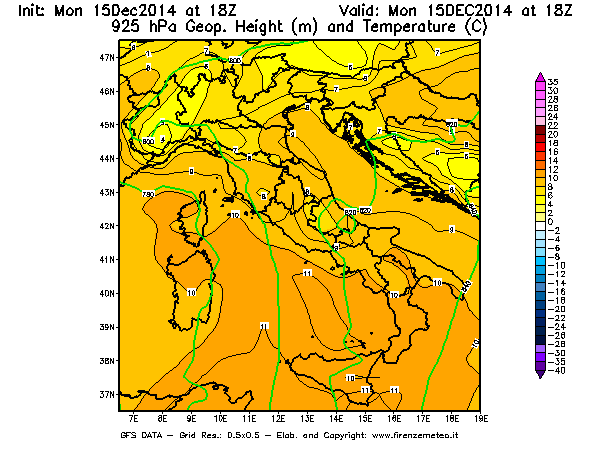 Mappa di analisi GFS - Geopotenziale [m] e Temperatura [°C] a 925 hPa in Italia
							del 15/12/2014 18 <!--googleoff: index-->UTC<!--googleon: index-->
