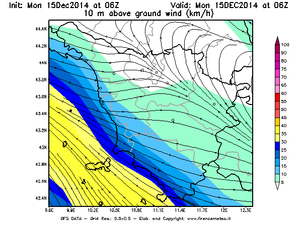 Mappa di analisi GFS - Velocità del vento a 10 metri dal suolo [km/h] in Toscana
							del 15/12/2014 06 <!--googleoff: index-->UTC<!--googleon: index-->